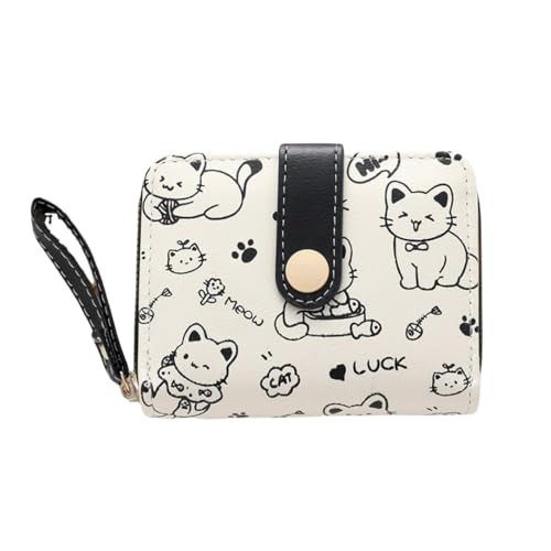 Stylish White PU Leather Wallet with Cat Design - Clip Closure, Handheld, Polyester Lining for Enhanced Durability