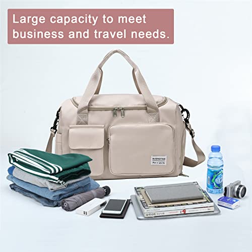 Beige Small Gym Bag For Women, Waterproof Travel Duffle Bag Carry On Weekender Bag With Shoe Compartment & Wet Pocket, Gym Tote Bag For Travel, Workout, Sport #TOP2