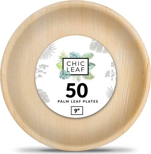 Chic Leaf Disposable Palm Leaf Plates Like Bamboo Plates 9 Inch Round (50 Count) - 100% Compostable Wedding & Party Plates - All Natural & Eco Friendly Plates #TOP9
