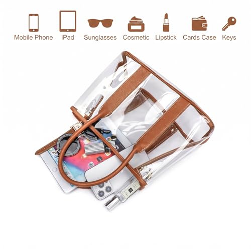 Clear Tote Bag for Women Stadium Approved, Transparent TPU Purse Handbag with Adjustable Guitar Strap for Concert Sports Work (Brown) by SharPlus - Used condition - Image 4