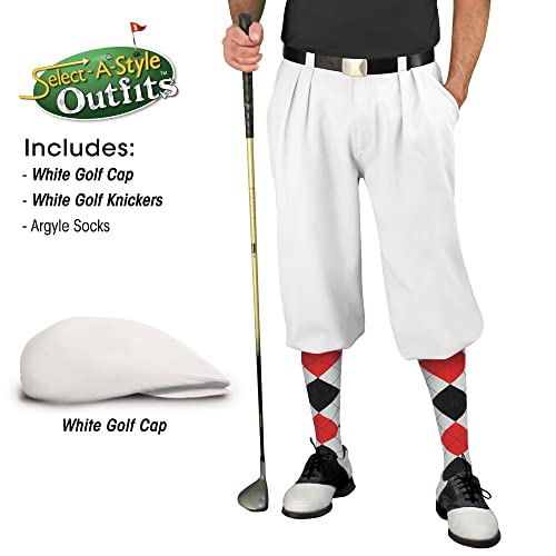 Mens Select A Style White Outfit with Matching Golf Cap and Selected Argyle Socks - Waist 34 - Sock - White/Black/Red2