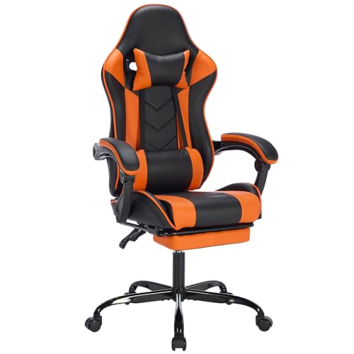 Leather Ergonomic Gaming Chair Footrest, Comfy Orange