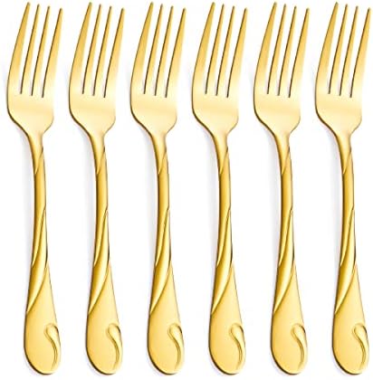 Gold Salad Fork Set, Seeshine 6.9-inch Stainless Steel Shiny Gold Metal Dessert Fork, Set of 6