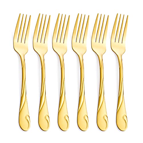 Gold Salad Fork Set, Seeshine 6.9-inch(17.5cm) Stainless Steel Dessert Fork Set, Shiny Gold Metal Cake Fork, Set of 6