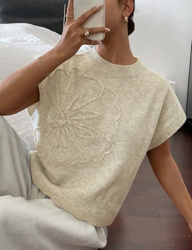 Image of 2026 Womens Floral Sweater Vest Cute Cap Sleeve Tops 3D Flower Decor Knit Tank Top Loose Spring Fall Summer Clothes