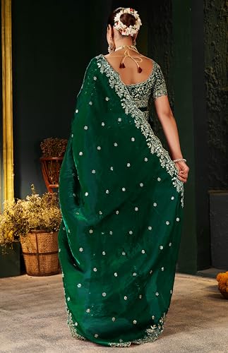 Buy DHARMEE Women's Silk Saree with Embroidered Blouse Piece, Traditional Parte Wear with Gold Border and Hand Work Lace Embellished, Solid/Plain, Applique, Woven, Satin Saree (Green) at Amazon.in - Image 6