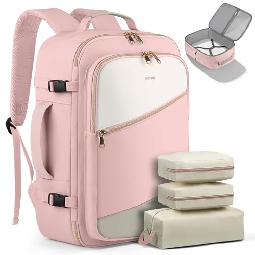 Image of HOTOR Travel Backpack for Women - TSA-Friendly Travel Bag with Multiple Compartments & 3 Packing Cubes, Water-Resistant & Comfortable, Perfect for Travel Essentials, Pink, 17.3 inch x 13.0 inch x 7.9 inch