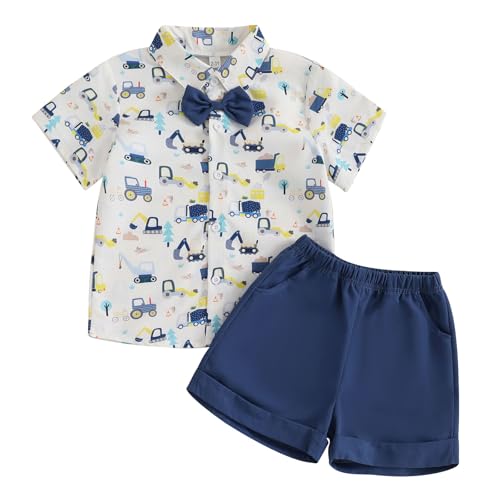 Toddler Infant Baby Boy Summer Gentleman Outfits Short Sleeve Cartoon Print T Shirts Top and Elastic Waist Shorts 2Pcs Tracksuit Sets Formal Clothes for Little Boys (Blue Navy, 12-18 Months)