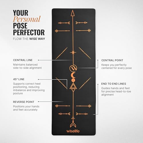Image of WiseLife Boho Alignment 8mm Yoga Mat with Strap | Non-Slip Thick Exercise Mat for Yoga, Pilates, Gym & Flexibility Training (Black)