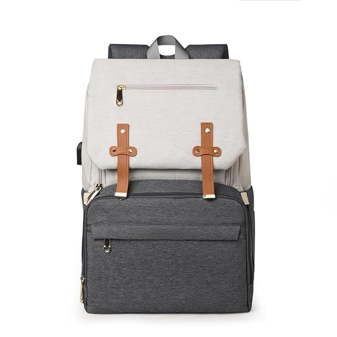 Veloce Premium Baby Diaper Backpack For Girls & Boys, Multi-Functional Waterproof Baby Bag With Diaper Changing Mat, Tissue Pocket & Built-In Usb Charging Port (Grey-White)-image-11