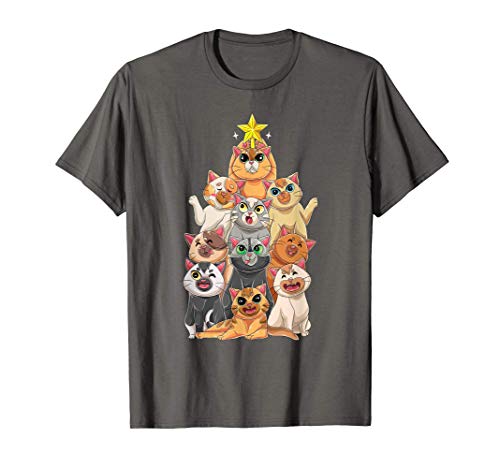 Funny Cat Christmas Tree Lights Gift Santa Hat Cat Lover Camiseta
