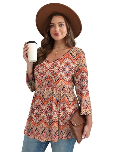 Image of OFEEFAN 3 /4 Length Sleeve Womens Tops 2026 Blouses for Women Dressy Casual Fashion Clothing V Neck Babydoll Tops Fall Outfits