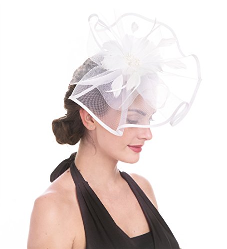 Saferin Fascinator Feather Mesh Net Veil Party Hat Flower Derby Hat With Clip And Hairband For Women (Ta1-White Feather Mesh) #TOP2