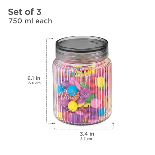 Image of MILTON Olive 750 Airtight Food Grade Modular Plastic Container | BPA Free, Stackable & Transparent | Wide Mouth with See-Through Lid | Ideal for Cereals, Pulses, Spices, Set of 3, 750 ml each, Grey