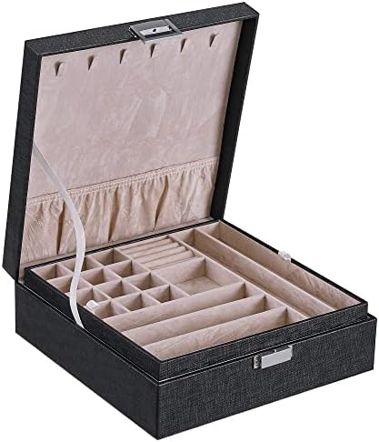 BEWISHOME Jewelry Boxes for Women Girls Gifts for Mom Wife, 2 Layers Jewelry Box Display Storage Case, PU Leather Necklace Jewelry Organizer Box for Earrings Rings Necklaces, Bracelets, Black SSH71B