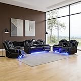 Bicerkib Power Recliner Sofa Set for Living Room Furniture Sets,Leather Reclining Sofa Set with LED Lights/USB Ports/Hidden Storage,Leather Couch Set for Living Room/Home Theater/Rv car(Black,3+2+1)
