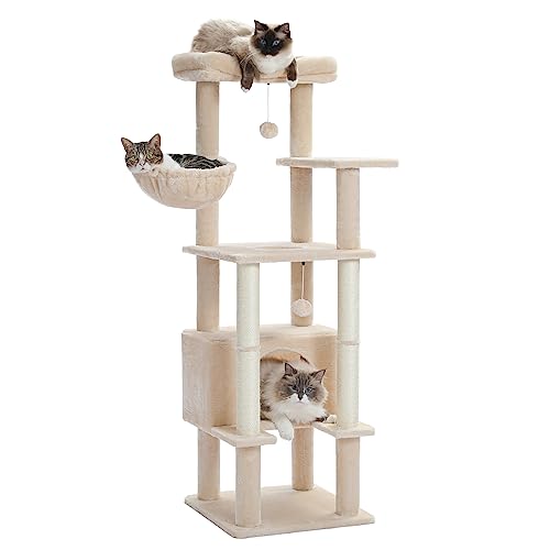 PETEPELA Cat Tree for Indoor Cats Multi-Level Cat Tower Maine Coon with Sisal Covered Scratching Posts, Super Large Condo for Large Cats, Large Hammock and Plush Perches 138cm Grey