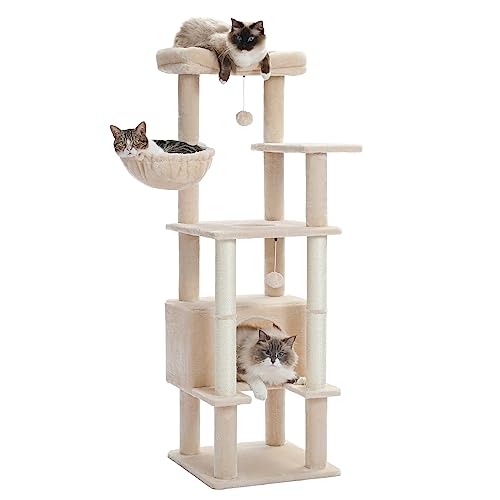 PETEPELA Arbre à Chat Maine Coon, Tour de Jeux pour Gros Chats avec Poteaux à Griffer en Sisal, Condo Spacieux, Grand Hamac et Perchoir Confort, 138cm, Gris