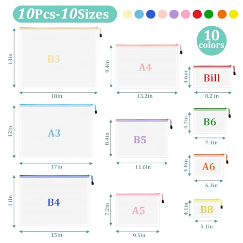 Image of 10pcs Mesh Zipper Pouch Bags, 10 Sizes Zipper Bags for Organizing, Mesh Bags with Zipper, 10 Colors Plastic Zipper Pouches, Puzzle Bags, Board Game Storage Bags, Travel Pouch