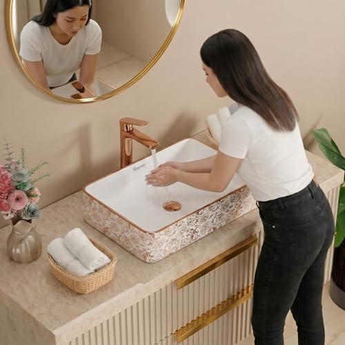 Image of BASSINO 24x14x5 Inches Ceramic Table Top Wash Basin /1 Year Warranty /White & Rose Gold Basin for Bathroom /Rectangular Ceramic Countertop Washbasin for Bathroom /Dining Hall /Living Room(Glossy)