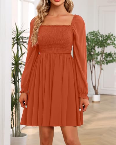 Image of Holipick Women's Casual Square Neck Smocked Dress Shirred Ruffle Puff Sleeve High Waist Cute Flowy A-Line Short Dress