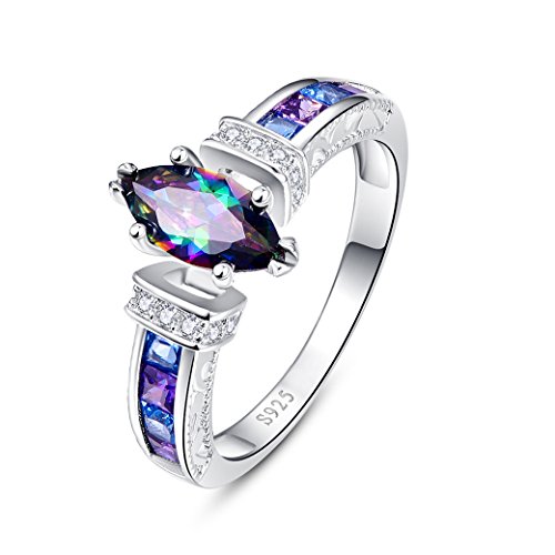 Zetaur 925 Sterling Silver Created Rainbow Topaz Marquise Cut Cubic Zirconia Pave Wedding Engagement Band Anniversary Eternity Ring for Women Size 11