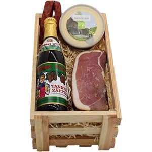 Schwarzwald Art Präsentkorb Geschenkkorb – Schwarzwälder Kiste – Holzkiste small (Tannenzäpfle)