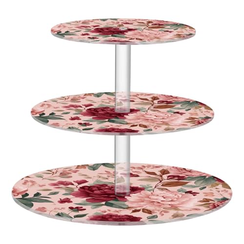 OTVEE 3 Tier Cupcake Stand Red Pink Bouquet Flowers Acrylic Tiered Serving Cake Stand Dessert Tower Tray for Tea Party Wedding and Birthday
