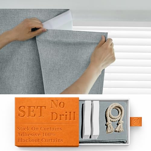 Image of 100% Blackout Self Adhesive Curtains- Stick on Curtains Shades Window Blinds Curtain No Rod Needed Easy to Hang Curtain, Use for Bedroom, Living Room, W46 x L60 inch, 1 Panel, Light Grey