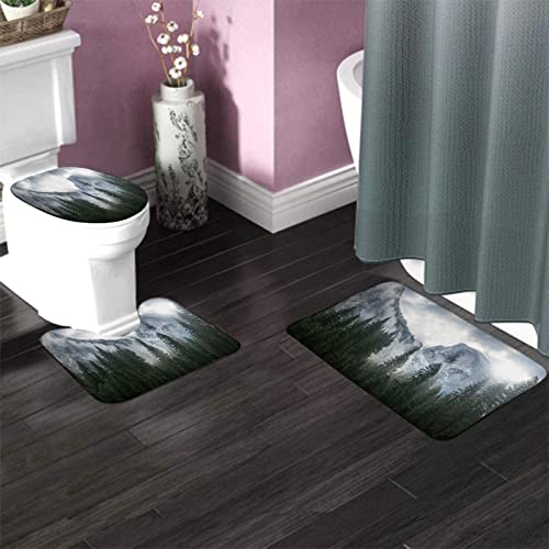 Badezimmerteppich-Set, 3-teilig, Forest Mountain Mysterious Nature Woolands mit Berg im Nebel, waschbarer Badvorleger, rutschfest, mit Rückenpolster, Konturteppich und Toilettendeckelbezug – Bild 4