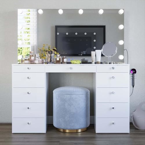 Boahaus Orla Modern Makeup Vanity Desk with Built-in Light Bulbs, USB Port, Power Outlet, 11 Drawers, Hollywood Vanity Mirror, Glam Glass Top, White/Crystal
