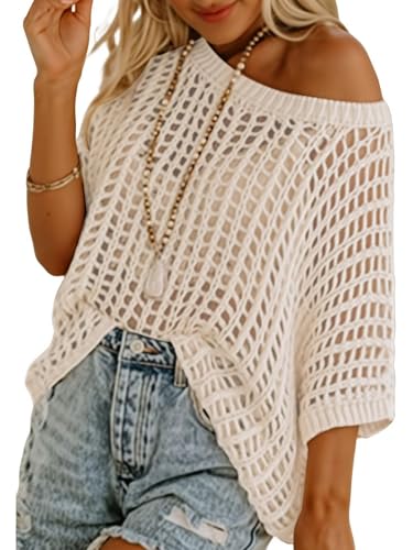 Image of Crochet Tops for Women Off The Shoulder Beach Coverup for Swimsuit Oversized Hollow Out Summer Tops