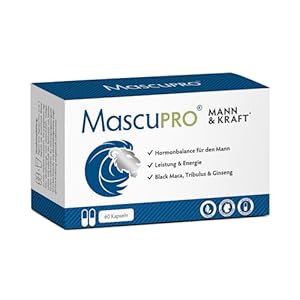 MASCUPRO® Mann & Kraft – 60 Kapseln – 20:1 schwarzes Maca Tribulus Komplex, Bockshornklee, Cordyceps, Zink & Aminosäuren