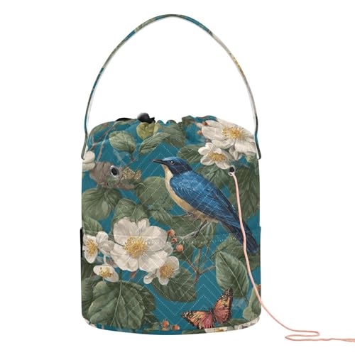 Image of ElliTarr Crochet Bag Yarn Bag with Handle Portable Knitting Project Bag Travel Yarn Storage Organizer Holder Case Vintage Blue Bird Flowers Butterflies