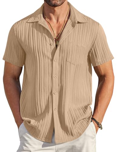 Coofandy Men'S Casual Button Down Shirts Short Sleeve Textured Linen Summer Beach Shirt With Pocket Khaki cover