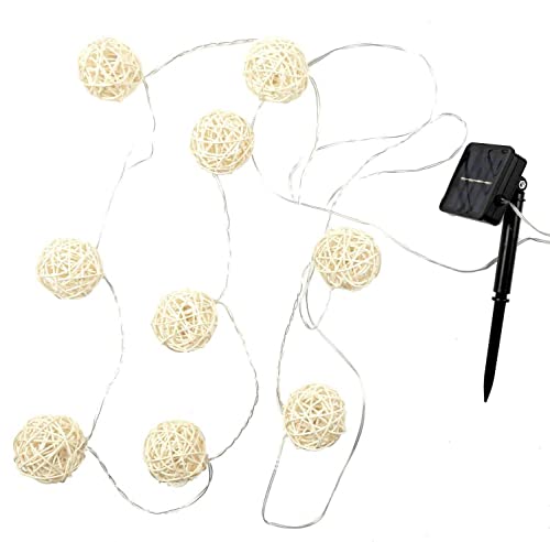 HOME DECO FACTORY - Guirlande extérieure solaire en rotin 165 cm Guirlande Lumineuse Solaire avec Boules en Rotin, etanche, Décoration pour Jardin, terrasse, Balcon, Blanc Chaud