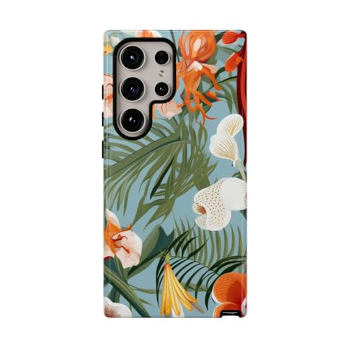 Coque Samsung S24 Ultra motif orchidées tropicales et feuillage vert rigide brillante