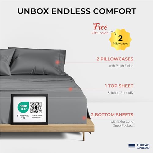 Image of THREAD SPREAD 100% Egyptian Cotton Split King Sheets Sets for Adjustable Bed - Luxury 1200 Series Split King Sheets (5 PC, Dark Grey), Soft, Cooling, 17 inch Deep Pocket Sheet Set - Plush Collection