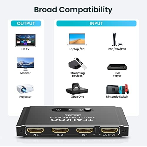 HDMI Switch 3 in 1 out with Remote, Aluminum HDMI Splitter HDMI Switcher Supports 4K 3D 1080p@60Hz UHD HDR, HDMI2.0 Switch Compatible with PS5/4/3 Laptop DVD Blu-Ray Xbox Roku HDTV Fire Stick