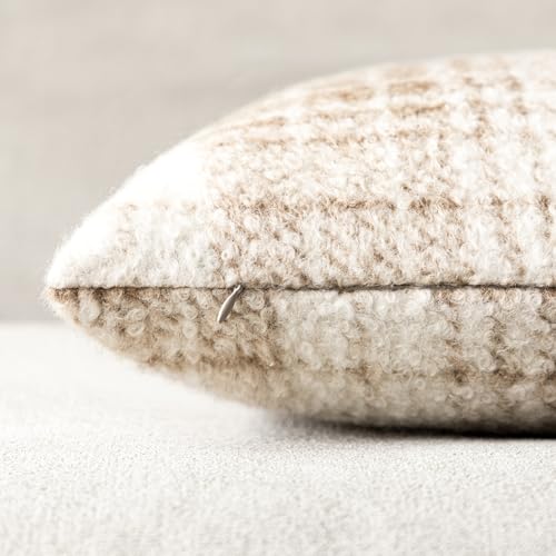 Image of Foindtower Pack of 2 Soft Faux Fur Boucle Throw Decorative Pillow Covers Fuzzy Accent Check Cushion Sherpa Boho Farmhouse Pillowcase for Couch Sofa Bed Living Room Home Decor 20x20 Inch,Khaki Brown
