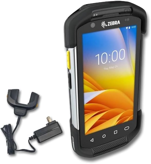 Zebra TC72 handheld scanner with charging cradle and power adapter.