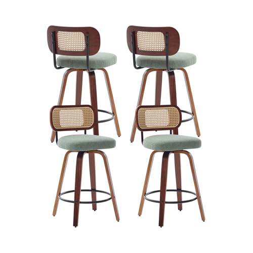 Image of Swivel Counter Height Bar Stools Set of 4, 26 inch Bar Chairs with Curved Rattan Back, Linen Upholstered Seat, Walnut Craftsmanship, Mid Century Modern Counter Stools for Kitchen Counter, Light Green
