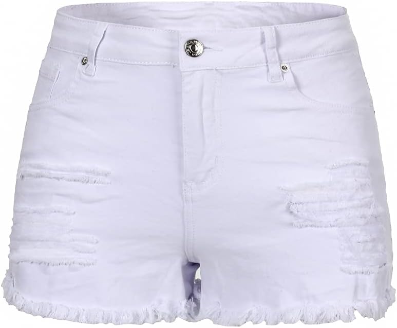 THUNDER STAR Women Mid Rise Ripped Stretchy Jeans Shorts Frayed Raw Hem Casual Denim Shorts
