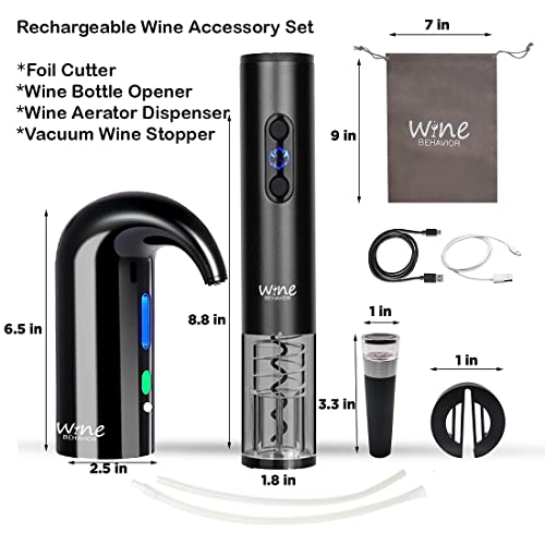 Electric Wine Opener Set, Rechargeable Electric Wine Aerator Pourer, Automatic Wine Decanter, Wine Stopper, Wine Dispenser Pump, Wine Bottle Opener - Black #TOP6