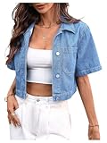 Verdusa Women's Denim Jacket Lightweight Collared Short Sleeve Crop Shirts Light Blue Medium