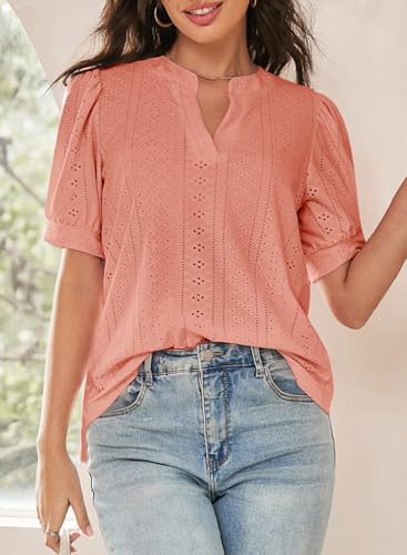 Image of Dokotoo Womens Blouses V Neck Puff Short Sleeve Business Casual Tops
