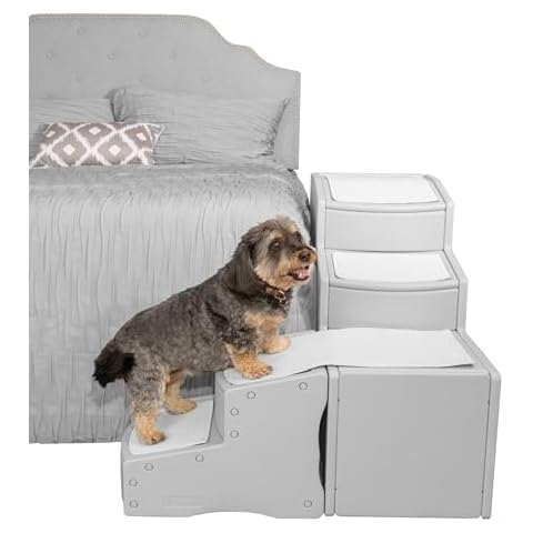 Pet Gear Easy Step Bed Stair for Cats/Dogs, Adjusts to Either Side of Bed, Removable Washable Carpet Treads, Storage Compartment, for Pets Up to 75lbs,New Essential Gray Cover