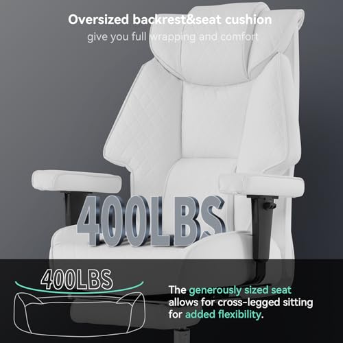 Big and Tall Office Chair with Footrest, PU Leather High Back Executive Office Chair 400lbs, Ergonomic Computer Chairs Lumbar Support for Heavy People (White)