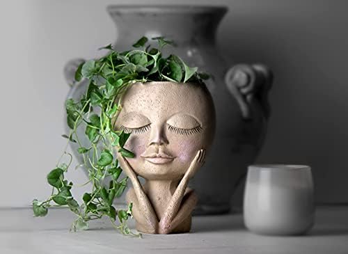LYONBASE Face Planter, Lady Plant Stand, Flower Pot with Drainage for Home Plants, Herbs, & Seeding Nursery - Resin Hand Painted (Dark)