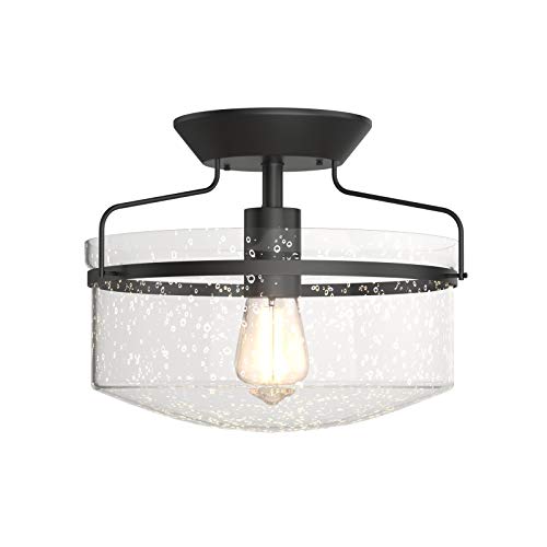 Tangkula Industrial Ceiling Light Fixture, Seeded Glass Shade, Semi Flush Mount Ceiling Light w/ Black Metal Base, Farmhouse Pendant Lighting for Dining Room, Bedroom, Cafe, Bar, Entryway (Black)